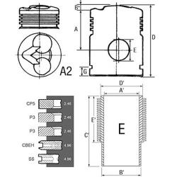 Piston/cylinder liner set (per cylinder liner), Piston 95 mm &Oslash;, 35 mm of piston pins, 5 piston rings
